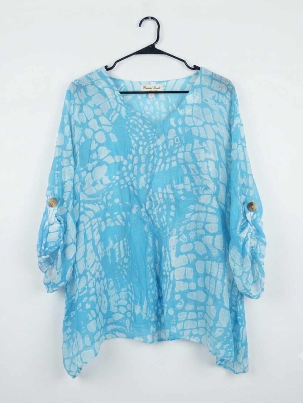 Pleasant Shade Blue White Abstract Sharkbite Tunic Top Size L Roll Tab Sleeve